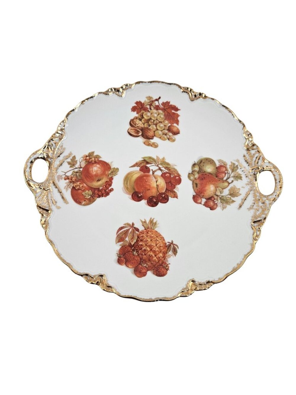 Hutschenreuther Serving Tray Cake Plate Fruit Design Gold Handles Germany Vintag
